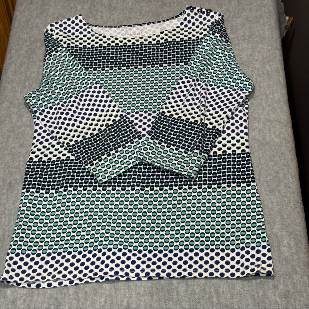 Talbots Womens Medium Polka Dot Top Blue Green 3/4 Sleeve Stretch Shirt